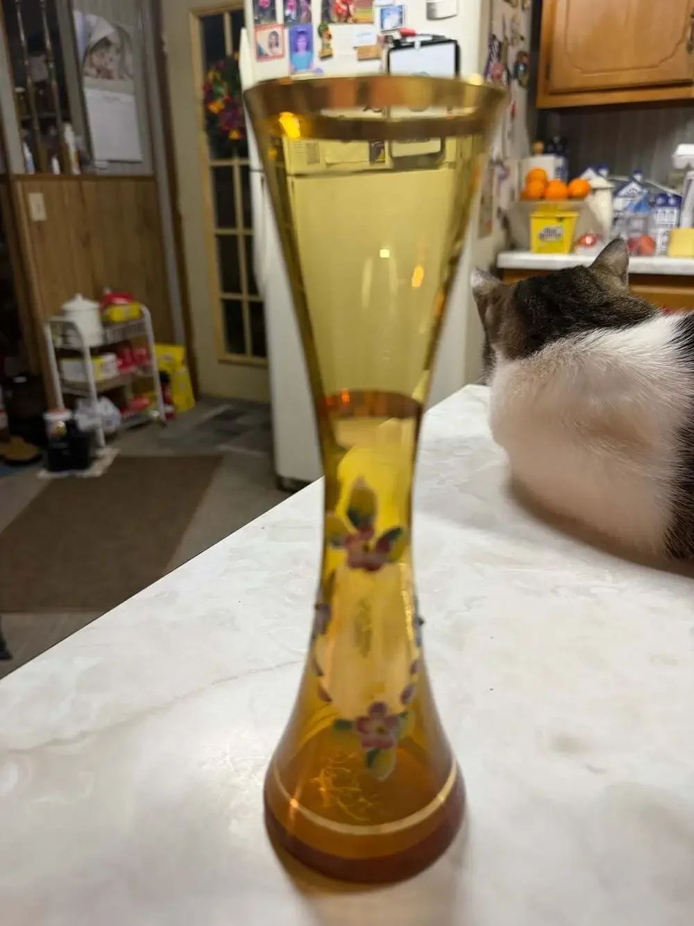 Vintage Amber Art Glass Bud Vase Hand Painted Enamel Floral & Gold Trim Made in